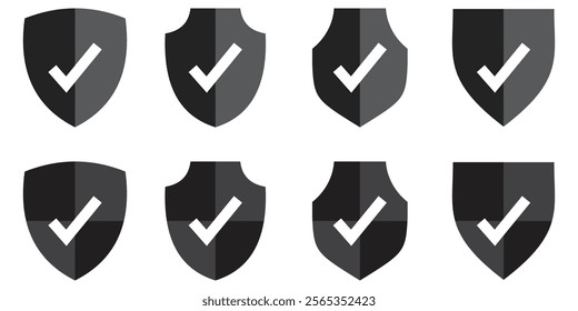 Security shield sign vector illustration, Set of security shield icons, security shields symbols shield checkmark, cross, approved, rejected, yes, no. Set of red and green crosses and checkmarks .