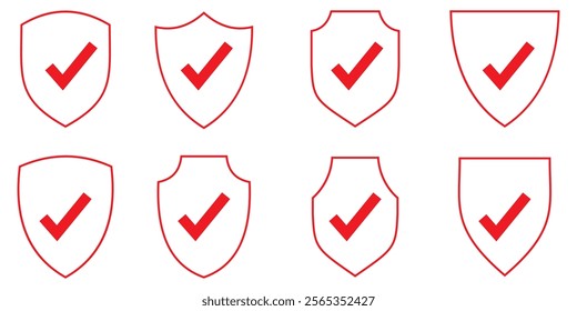 Security shield sign vector illustration, Set of security shield icons, security shields symbols shield checkmark, cross, approved, rejected, yes, no. Set of red and green crosses and checkmarks .