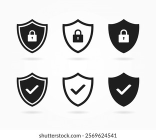 Security shield sign vector illustration. Set of security shield icons. Lock security icon. Security shield symbol with check mark and padlock. Protect shield icons.