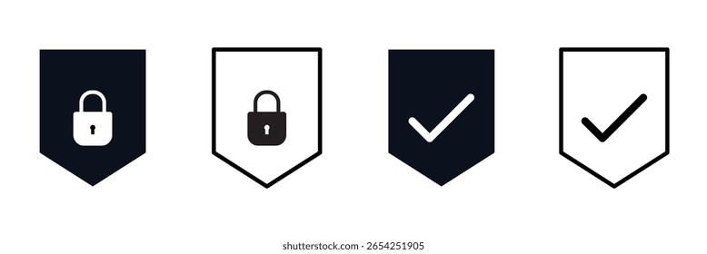 Ilustração de vetor de sinal de escudo de segurança, Ícone de segurança de bloqueio, Conjunto de ícones de escudo de segurança, símbolos de escudos de segurança com marca de seleção e cadeado, Ícone de segurança de escudo, Segurança, sinal de proteção