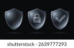 Security shield signs with lock and check mark, safety and protection symbols in glass liquid style isolated on dark background. Vector 3d illustration.