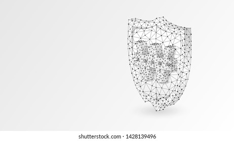 Security shield with South Korean Won currency sign. Polygonal concept of safety, money protection. Abstract, digital, wireframe low poly mesh Vector white origami 3d illustration. Triangle, line, dot