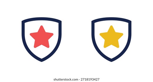 Escudo de seguridad con el sistema del icono de la estrella, Ilustración vectorial plana de los símbolos de la protección con las estrellas rojas y amarillas para la seguridad superior, guardia clasificada superior, logro del premio, y garantía de calidad aislada en el fondo blanco.