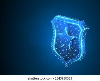 Security shield with star sign abstract neon 3d illustration. Polygonal Vector business concept of protection. Low poly wireframe, geometry triangle, lines, dots, polygons on blue background