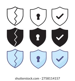 Security Shield Status Icon Set, Broken, Keyhole, and Verified Symbols