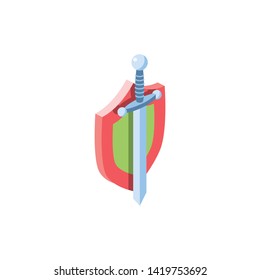 Security shield and sword. Vector 3d isometric color icon new flat style. Creative illustration, idea for infographics.