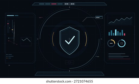 Un símbolo de escudo de seguridad con marca de verificación y varios gráficos de datos. Los colores son brillantes contra un fondo oscuro, lo que indica análisis y monitoreo.