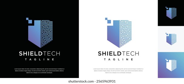 Security shield technology logo design template. Shield digital technology logo design vector icon