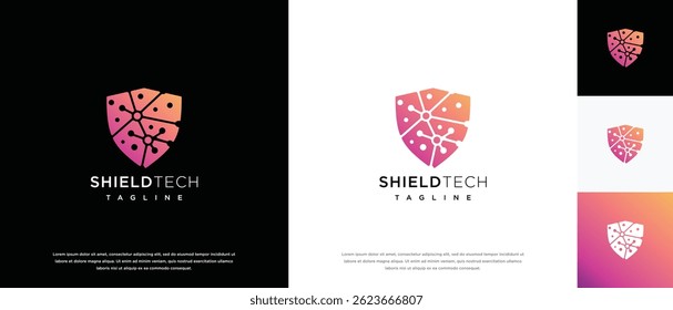 Security shield technology logo design template. Shield digital technology logo design vector icon
