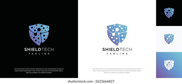 Security shield technology logo design template. Shield digital technology logo design vector icon