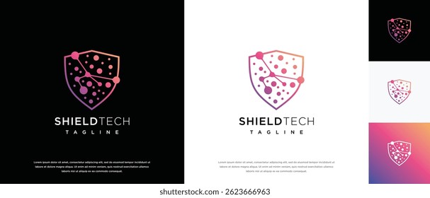 Modelo de design do logotipo da tecnologia de escudo de segurança. Ícone de vetor de design de logotipo da tecnologia digital Shield