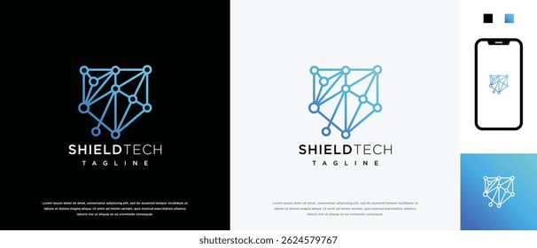 Security shield technology logo design template. Shield digital technology logo design vector icon