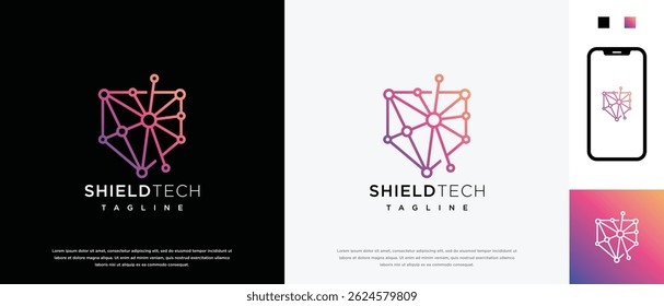 Security shield technology logo design template. Shield digital technology logo design vector icon