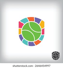 Security shield and tennis ball logo. Unique design identity. Geometric sport flat logo template.