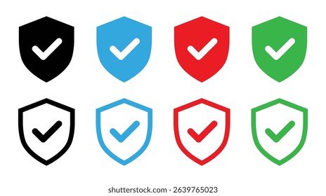 Security shield with tick mark icon set vector illustration in stroke and fill style.