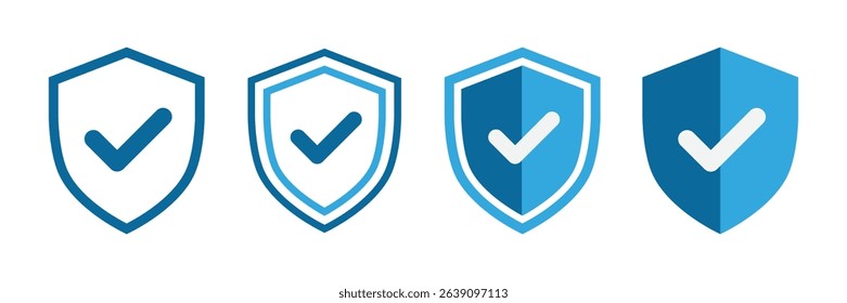 Security shield with tick mark icons in blue vector set.
