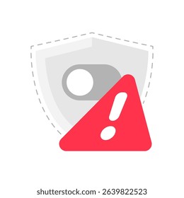 Security shield with toggle switch off. flat illustration representing disabled protection, security warning, or risk alert. Minimalist silhouette design, cybersecurity icon concept
