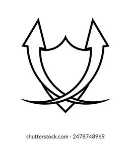 security shield with two arrows. Logo or icon. outline design style. Suitable for data protection designs, presentations, reports, icons etc. vector design template