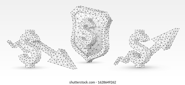 Security shield with USD, growth and downtrend arrow symbols set. Low poly, wireframe digital 3d vector illustration. Abstract polygonal Money protection concept, image on white origami background
