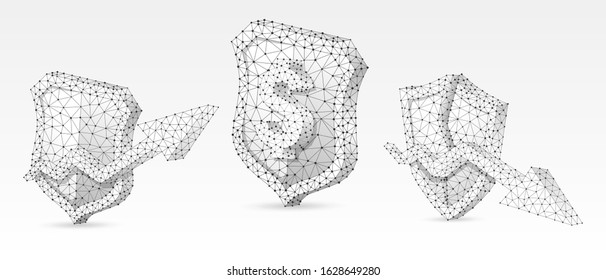 Security shield with USD, growth and downtrend arrow symbols set. Low poly, wireframe digital 3d vector illustration. Abstract polygonal Money protection concept, image on white origami background