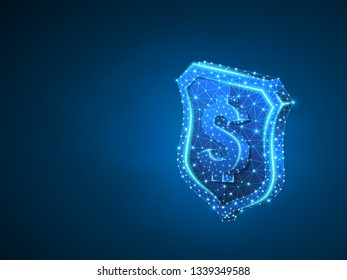 Security shield with USD sign abstract neon image. Polygonal Vector business concept of money protection illustration. Low poly wireframe, geometry triangle, lines, dots, polygons on blue background
