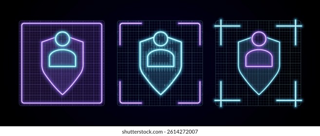 Security shield user illustration, cyber neon visual, glowing border grid vector.	