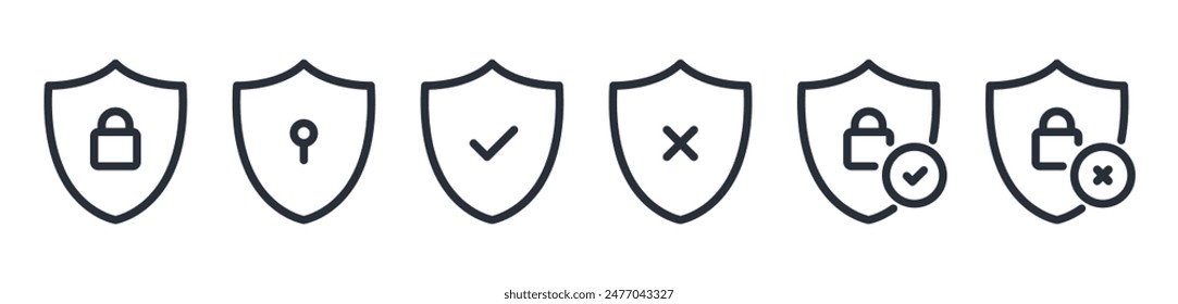 Security Shield Vector Line Icon Set. Security shield outline symbols with check mark and padlock. Editable Stroke. Pixel Perfect