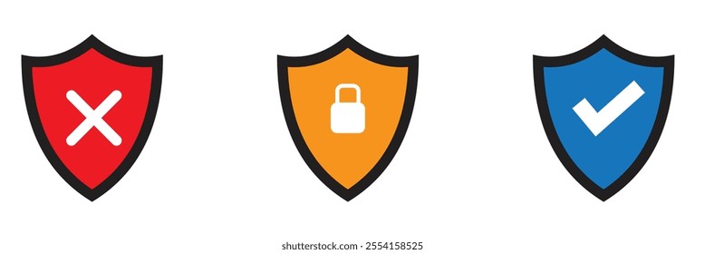 Security Shield Vector Line Icon Set. Security shield outline symbols with check mark and padlock. Editable Stroke. Pixel Perfect