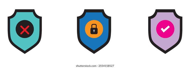Security Shield Vector Line Icon Set. Security shield outline symbols with check mark and padlock. Editable Stroke. Pixel Perfect