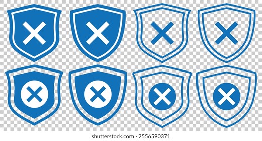 Security Shield Vector Line Icon Set. Security shield outline symbols with cross mark. Shield icon. Safe protection sign. Secure guard symbol. Shield vector set. 