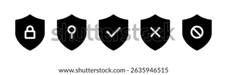 Security shield vector solid icon set. Security shield filled symbols with check mark and padlock. Safety protection shield flat icons set. Vector illustration
