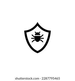 Security Shield and Virus Bug, Cyber Protection. Flat Vector Icon illustration. Simple black symbol on white background. Attack on Computer Software sign design template for web and mobile UI element