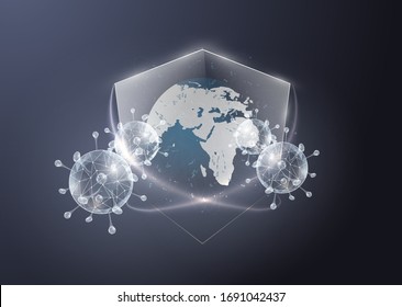 Security shield for virus protection. Coronavirus, 2019-nCoV safety concept . Shield and virus cells. Virus. Abstract vector 3d microbe. Earth and shield icon.Protected guard. STOP virus.