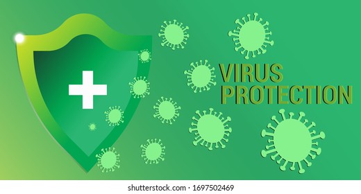 Security shield for virus protection. Coronavirus, green gradation background with "Virus Protection" text