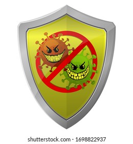 Protector de seguridad para la protección contra virus. Coronavirus, seguridad 2019-nCoV. Escudo y células de virus. Ilustración vectorial.