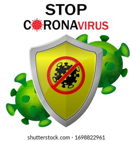 Protector de seguridad para la protección contra virus. Coronavirus, seguridad 2019-nCoV. Escudo y células de virus. Ilustración vectorial.