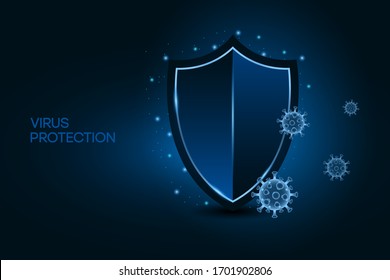 Security shield for virus protection. Coronavirus safety concept on blue background. Shield and virus cells of Covid-19. Vaccine, medicine, antibiotic. Vector.