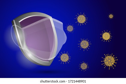 Security shield for virus protection. Coronavirus, 2019-nCoV safety concept made by low polygonal wireframe mesh on blue background. Shield and virus cells. Vaccine, medicine, antibiotic.