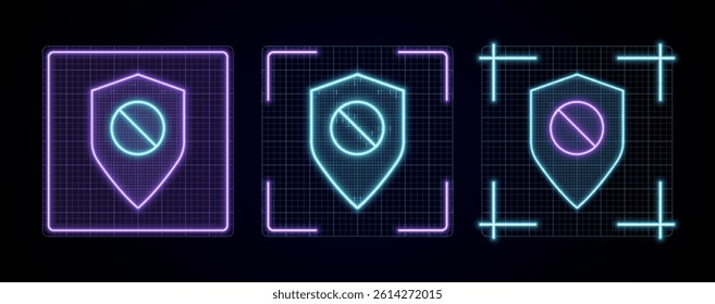 Security shield warning sign illustration, cyber neon visual, glowing border grid vector.	
