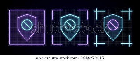 Security shield warning sign illustration, cyber neon visual, glowing border grid vector.	