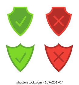 Escudos de seguridad. Placa de blindaje. Iconos de seguridad y protección. Marcar iconos. En los escudos se encuentran símbolos de garrapatas verdes y rechazo rojo. Símbolos de aprobación y declinación. Ilustración del vector