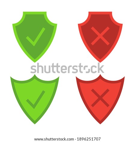 Security Shields. Armor plate. Security and protection icons. Check mark icons. Symbols of green tick and red reject are located on the shields. Symbols of approving and declining. Vector illustration