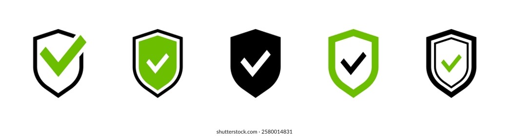 Security shields with check mark and padlock. Protection approve icon. Approved safety icon. Safe icon. Vector illustration.