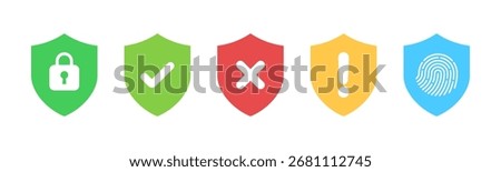 Security shields icons set , lock, check ,cross ,warning ,fingerprint.Vector