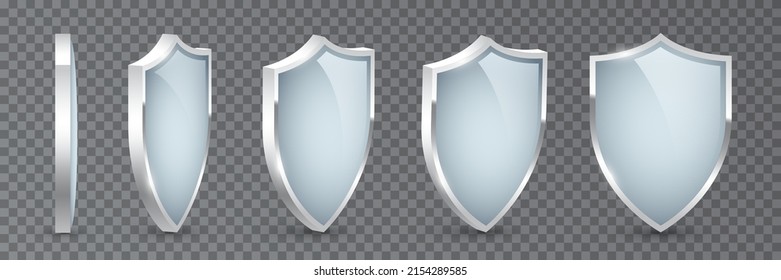 Security shields with mirror reflection on glass surface, silver border and shiny light effect set vector illustration. 3d front, side views of guards emblem isolated on transparent background