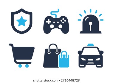 Security, Shopping, and Entertainment icon set. Solid glyph series icons