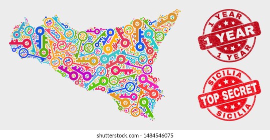 Security Sicilia map and seal stamps. Red round Top Secret and 1 Year distress seal stamps. Bright Sicilia map mosaic of different access elements. Vector composition for guard purposes.