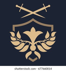 Security sign. Abstract shield with leaves and swords.  Unique template of the security company. 
