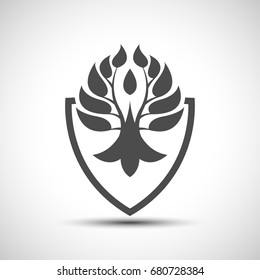 Security sign. Unique template of the security company. Abstract shield with leaves. 