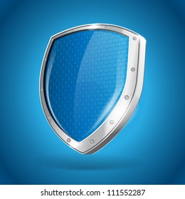 Security Silver Steel Shield Vector Illustration On Blue Background